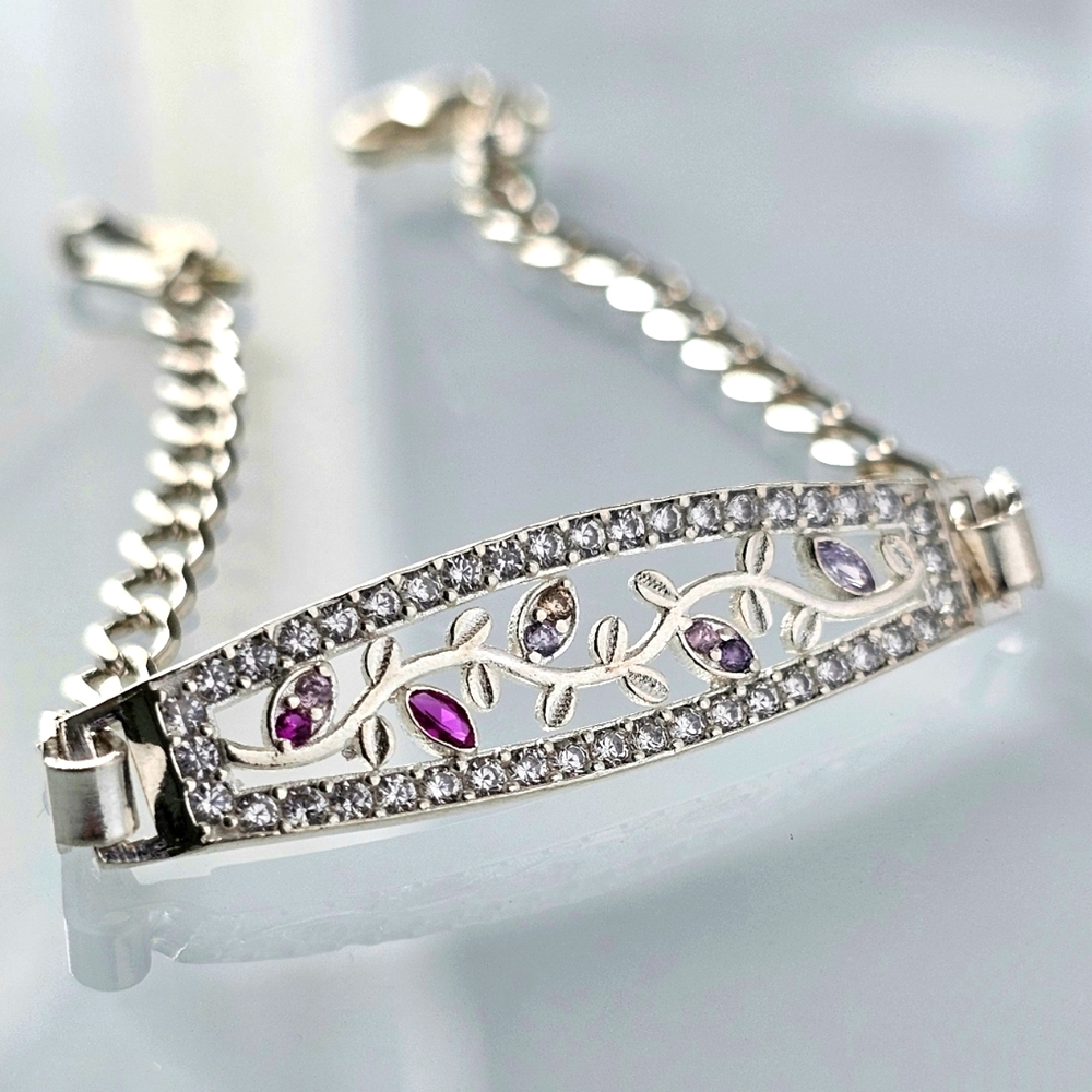 Sterling silver leaves design and cubic zirconia bracelet I.D. curb links chain